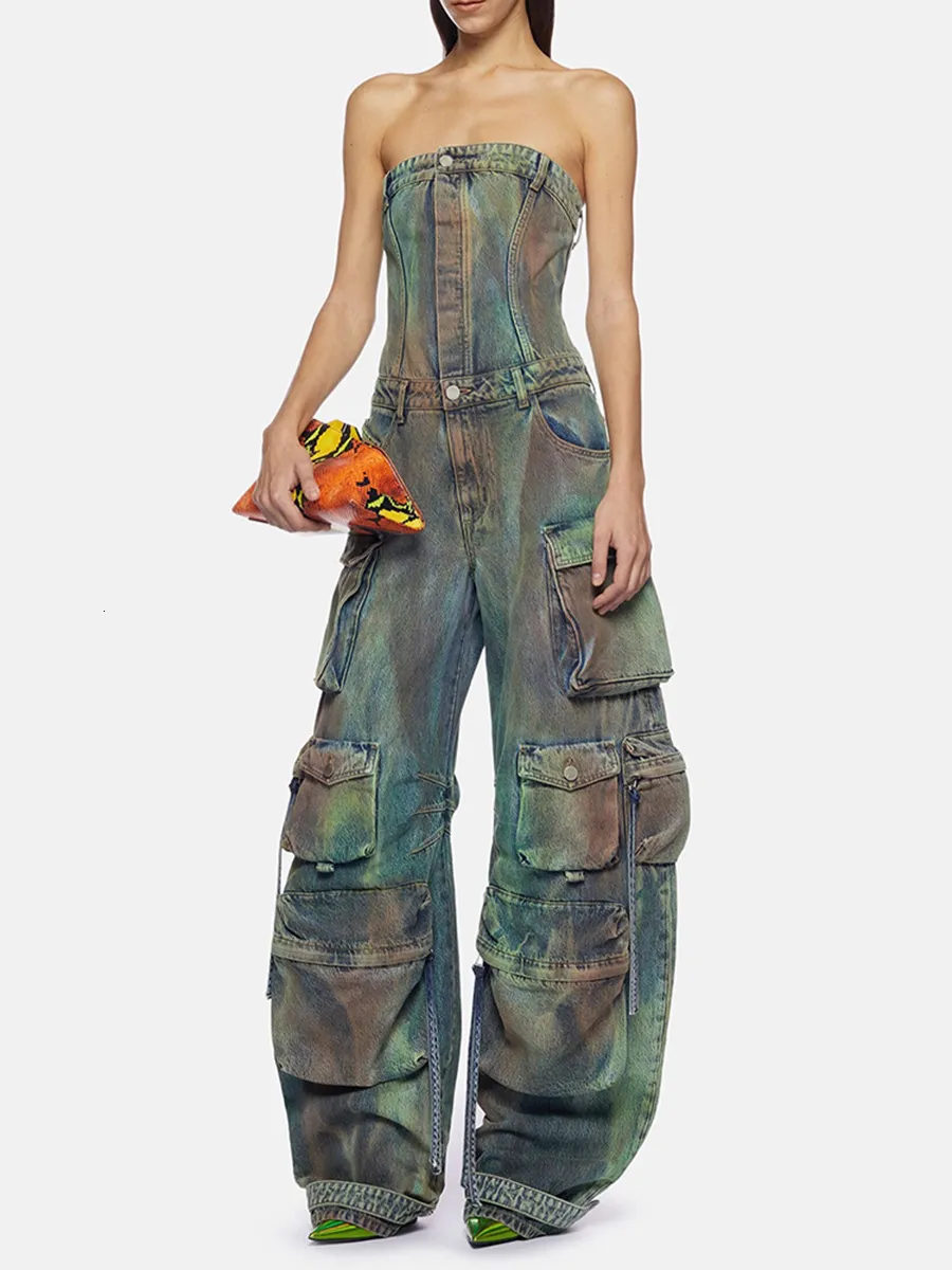 Womens Plus Size Denim Jumpsuit: Blue Camouflage Off Shoulder Jean