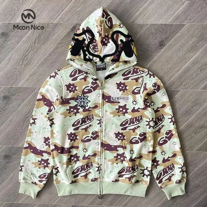 Glo Gang Style Hoodie: Full Zip Cartoon Jacket Camo Sweatshirt Pullover  for Men Women High Quality, Trendy Design