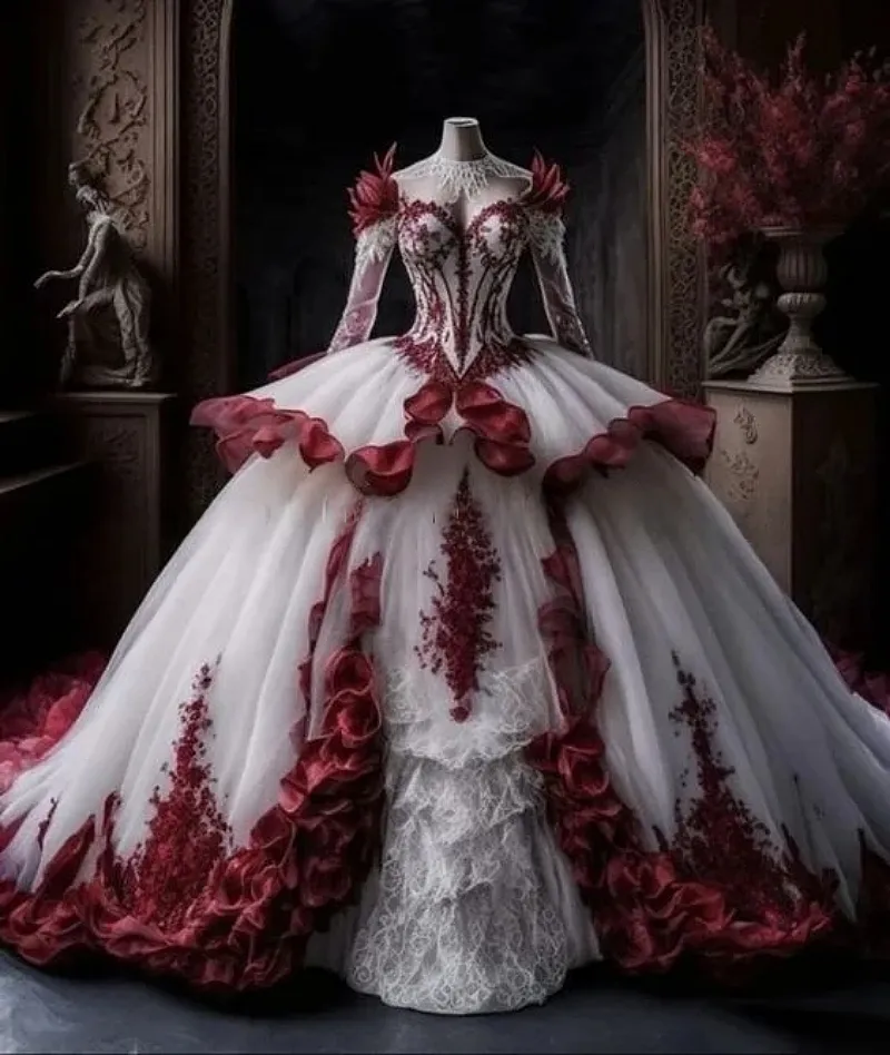 Dark Red and White Victorian Ball long sleeve Ball gown with Lace Appliques and Ruffles - Vintage Inspired Prom Dress for Special Occasions (2026) Dark Red and White Victorian Ball long sleeve Ball gown with Lace Appliques and Ruffles - Vintage Inspired Prom Dress for Special Occasions (2026)