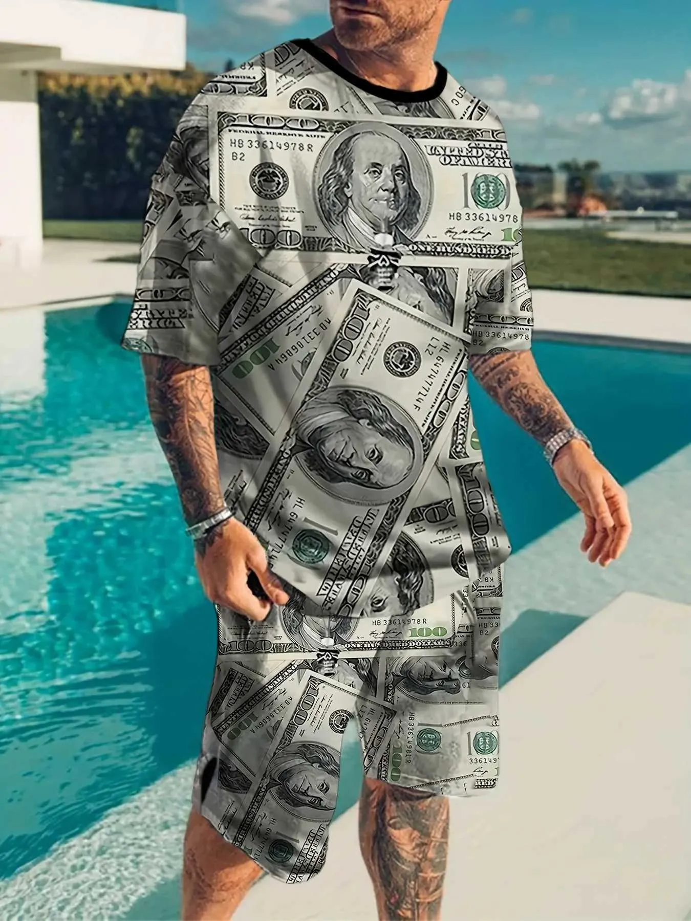Mens Novelty Dollar 3D Printed Summer Suit Mens Short Sleeve T