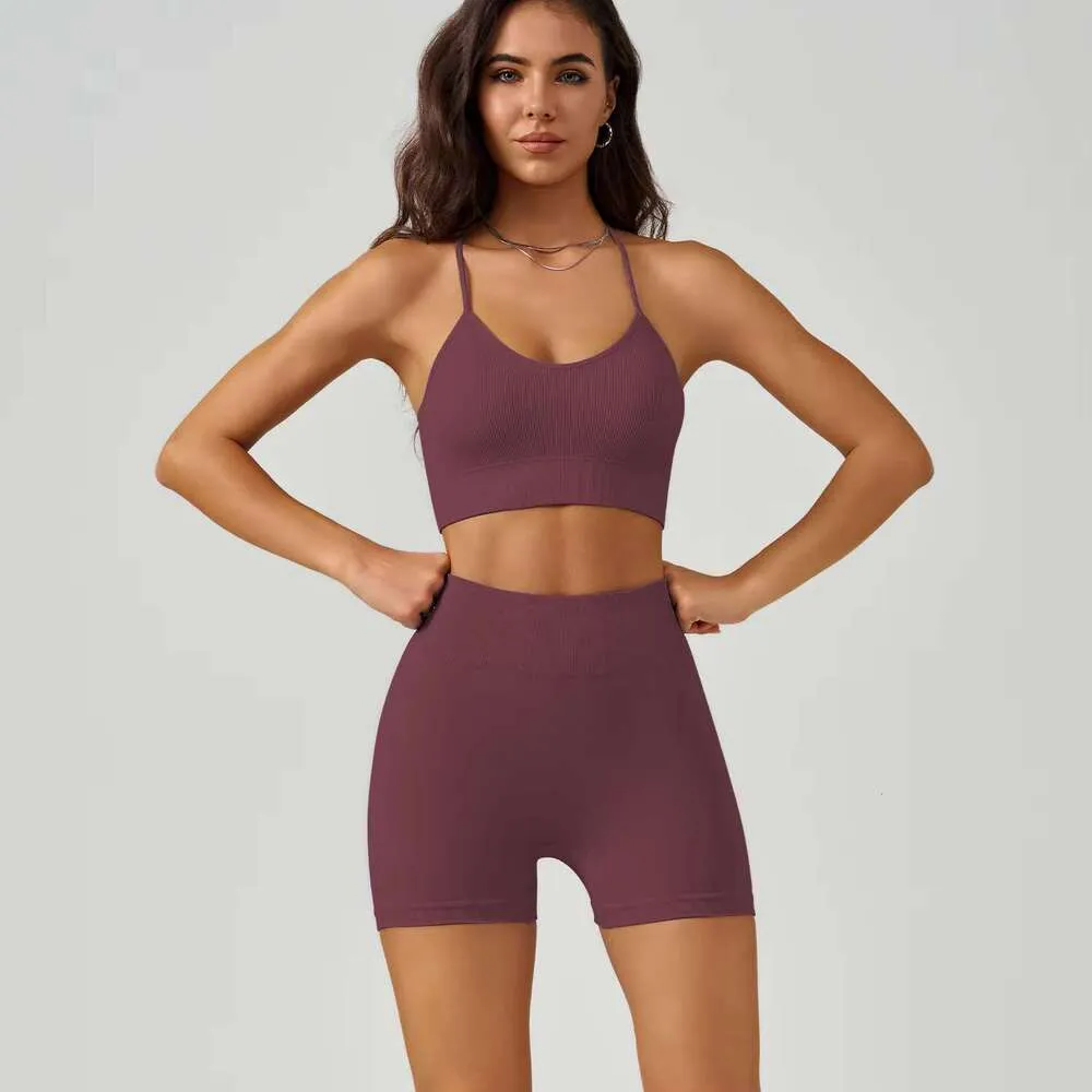 DHessentials Logo Fitness Clothing 2-pcs Women's Sports Seamless Yoga Bra Shorts Gym Set