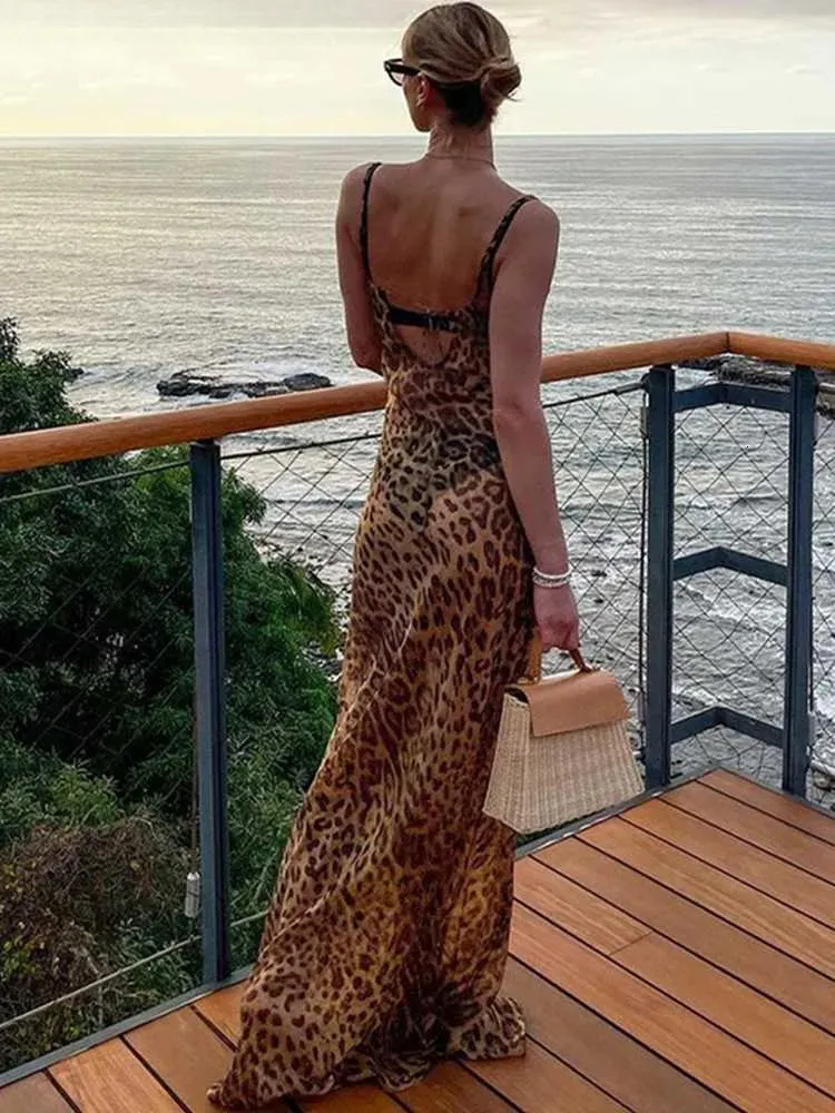 Save Big on Bulk Chiffon Beach Maxi Dress Women Leopard Print Beach Chiffon  See Through Sexy Backless Long Dress Summer Strap Maxi Evening Party