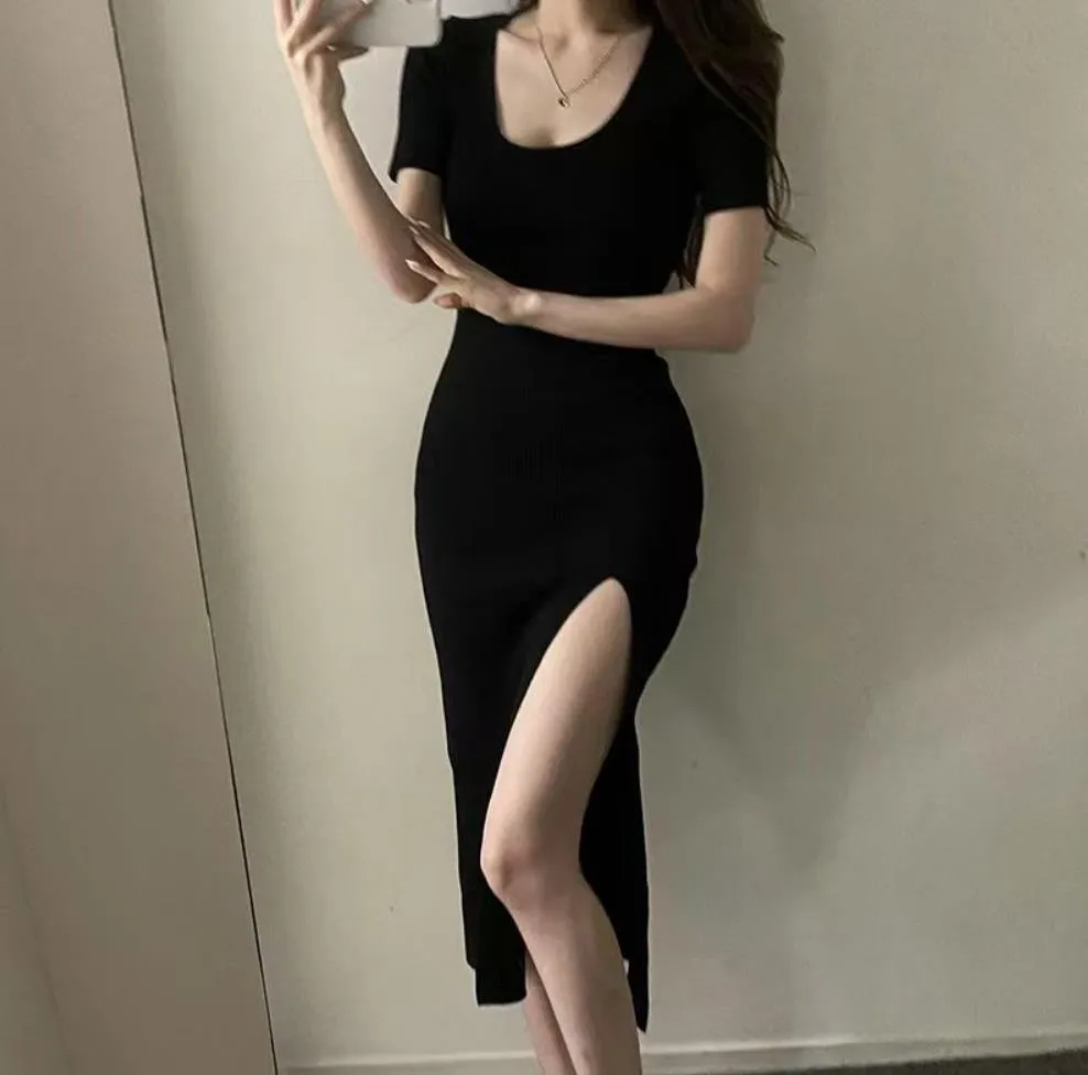 Woman Clothing Casual Dresses Short Sleeve Summer Womens Dress Slit Skirt  Outwear Slim Style With Budge Designer Lady Sexy Dresses A003
