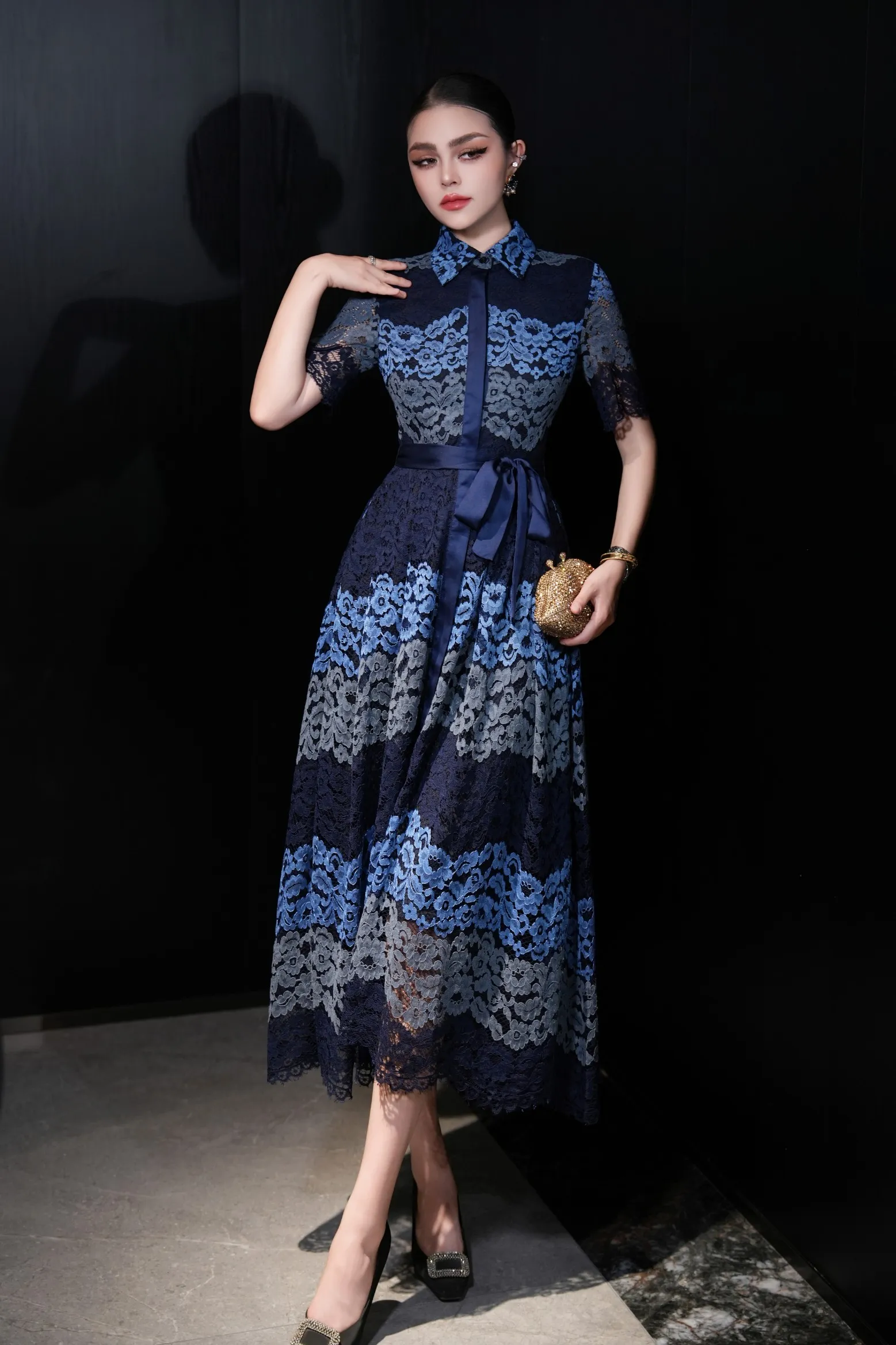 Navy Blue Lace Dress With Collar Bow Tie ... From Lina7, $85.98 In Bulk |  DHgate.Com
