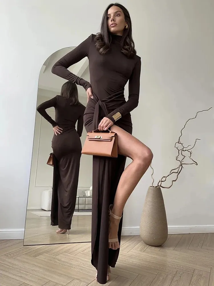 thick long sleeve bodycon dress Sexyozision Thigh-High long dress with slit with Turtleneck and Draped Bandage Bodycon for Women