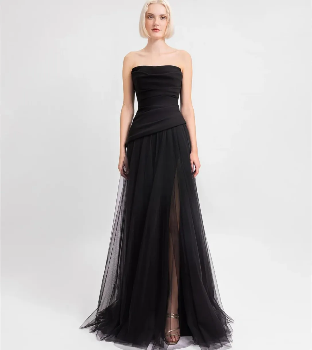 black dress with pearls on neckline Satin Gown Pearl and Bow Detail Color:Dark Slate Blue st-long-black-dress I Tested the Best
