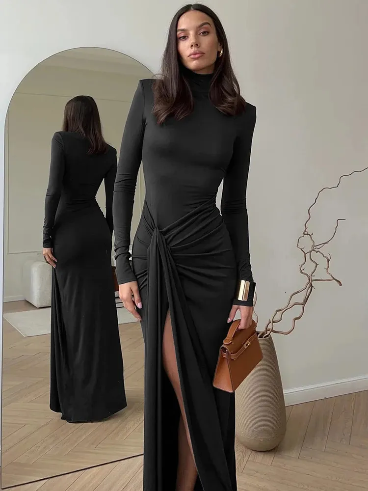 thick long sleeve bodycon dress Sexyozision Thigh-High long dress with slit with Turtleneck and Draped Bandage Bodycon for Women