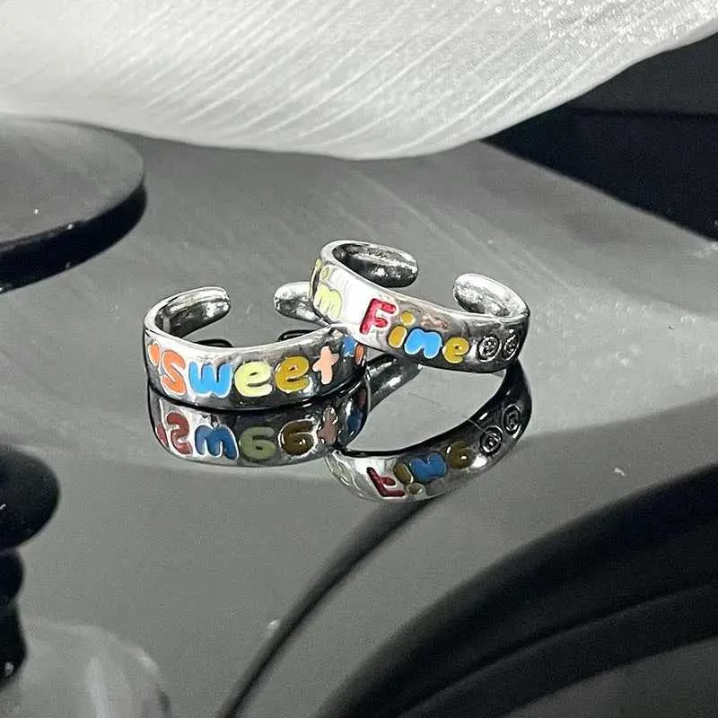 Vintage Rainbow Letter Open Ring For Women, Adjustable Design_voghion.com