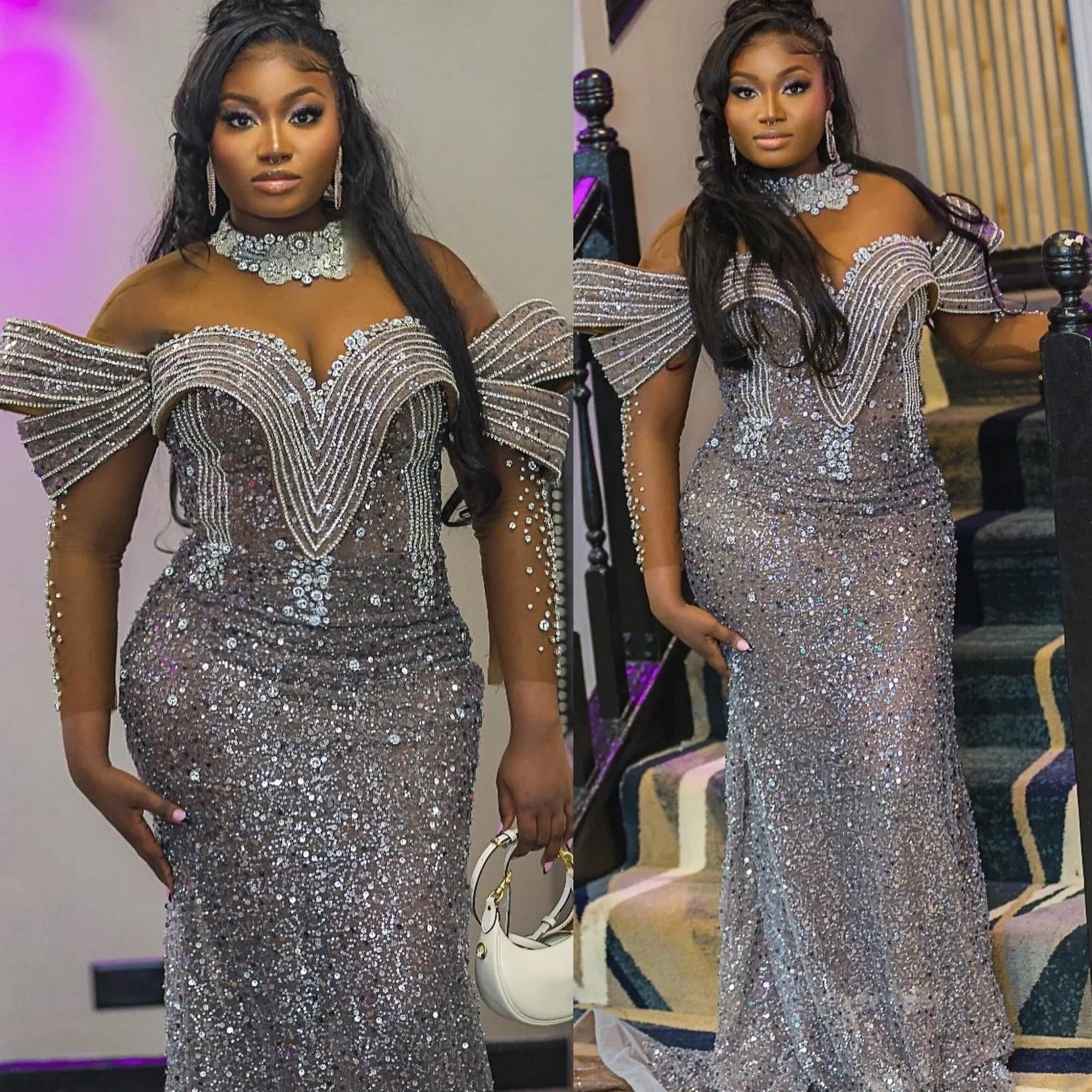 silver formal plus size dress Final Sale Plus Size Gown in Silver Foil Fabric with Side Slit