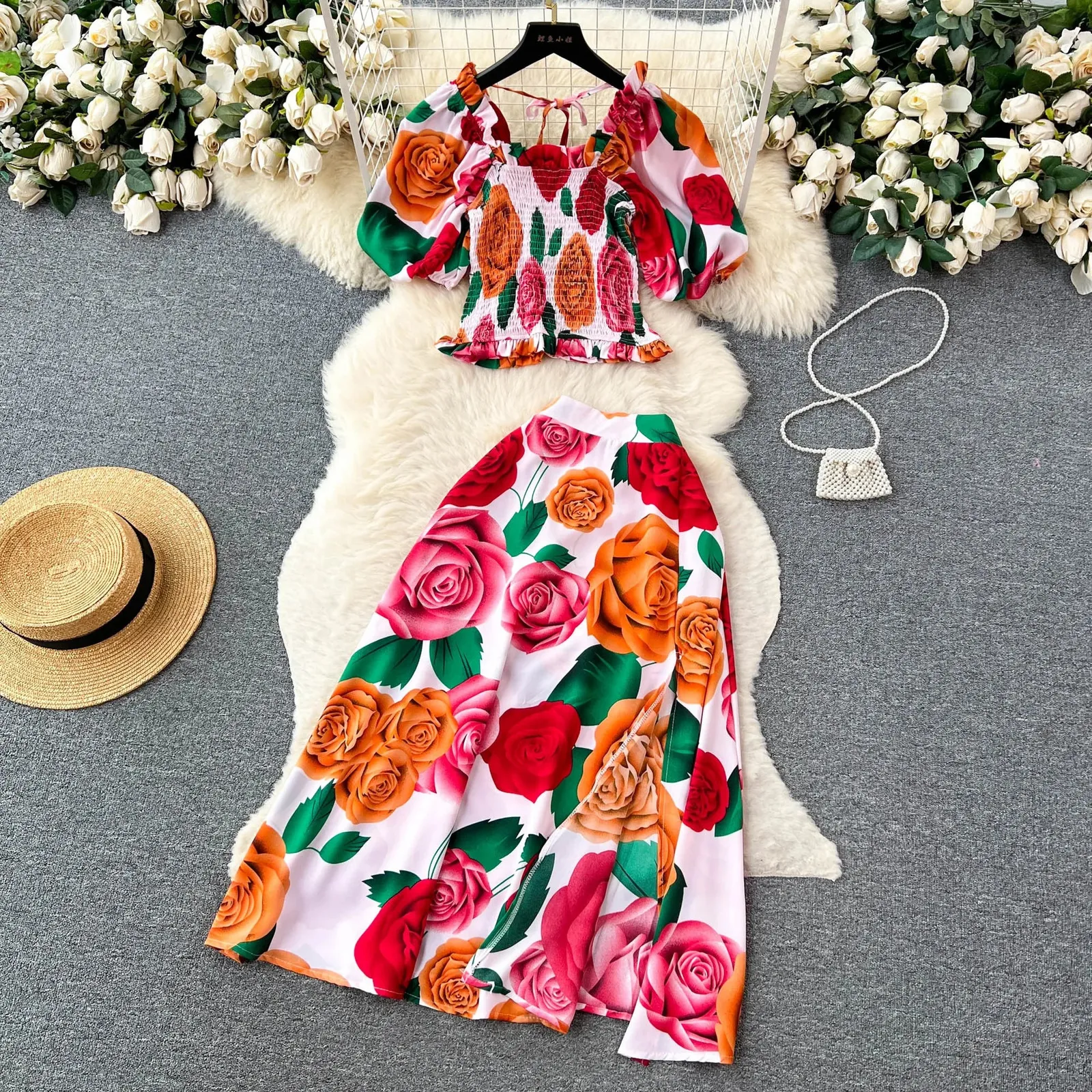 Y2K Fashion Print Flowers Women's Two Piece plazo dress - Long A-Line Skirt and Crop Top for Summer Vacation and Beach - YuooMuoo Two Piece Suit ( Y2K Fashion Print Flowers Women's Two Piece plazo dress - Long A-Line Skirt and Crop Top for Summer Vacation and Beach - YuooMuoo Two Piece Suit (