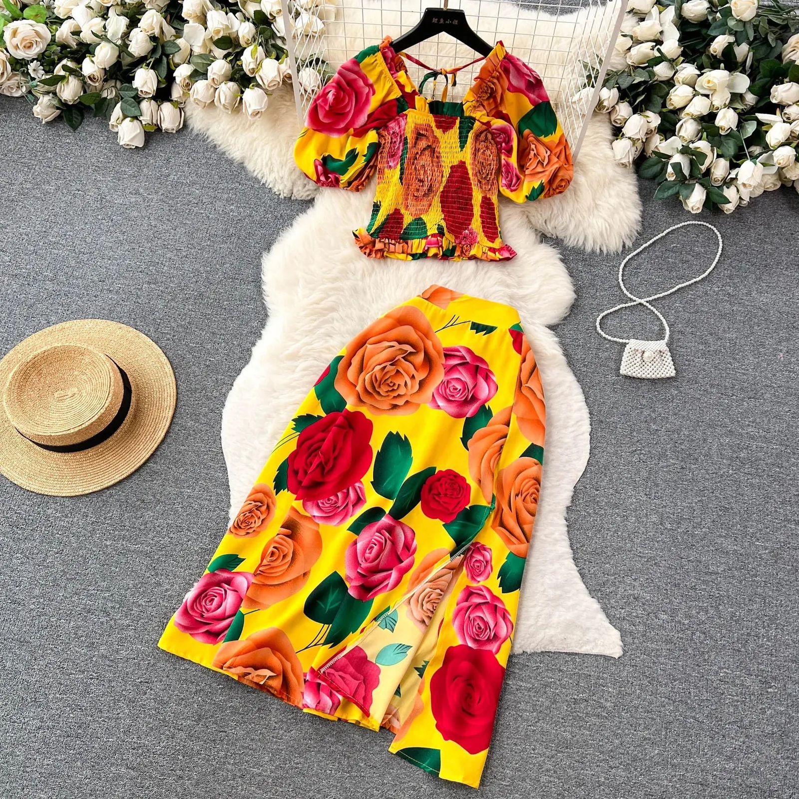 Y2k Fashion Print Flowers Women's Two Piece Plazo Dress - Long A-Line Skirt and Crop Top for Summer Vacation and Beach - Yuoomuoo Two Piece Suit (