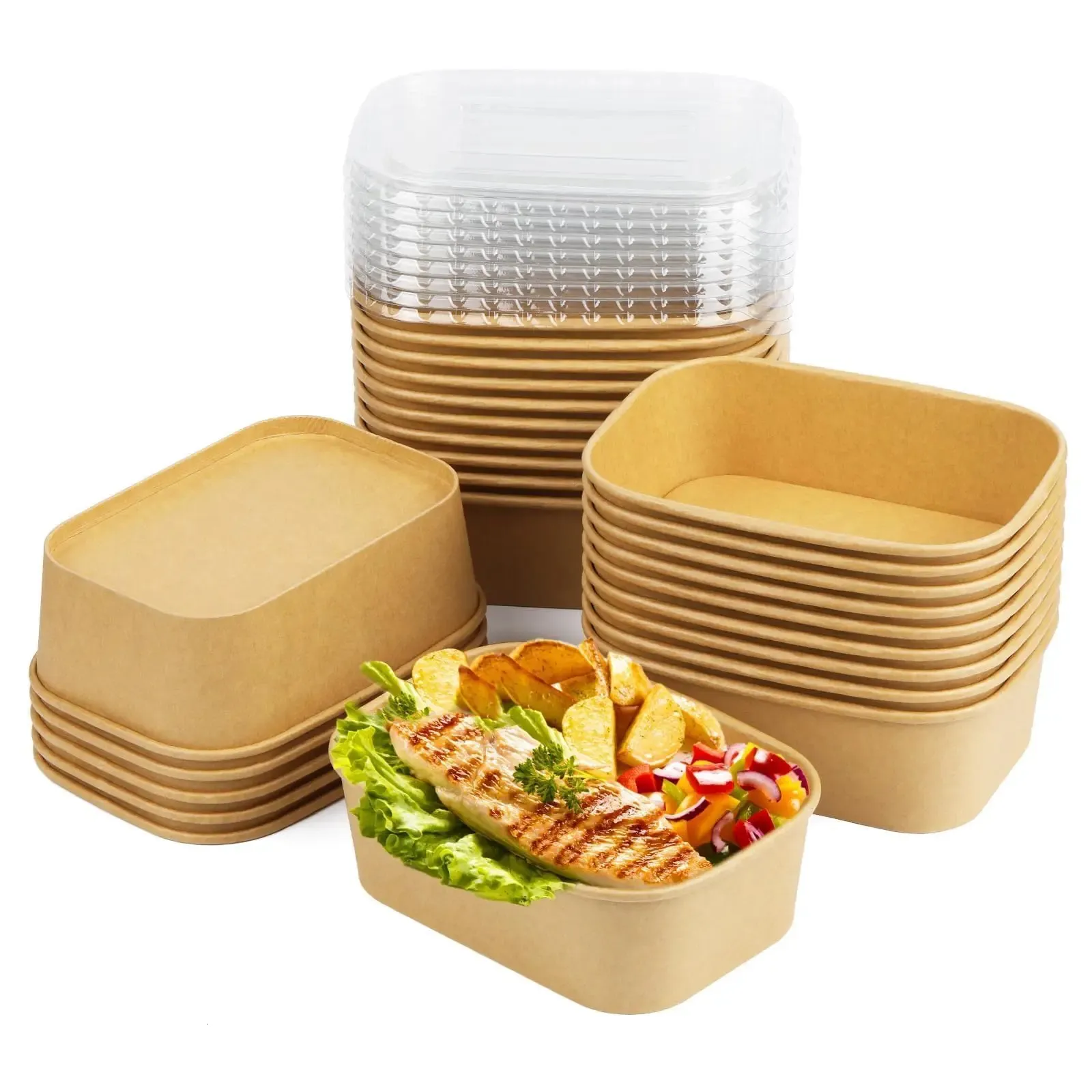 Kraft Paper Bowl Disposable Lunch Box Takeaway Meal With Lid Salad Food ...