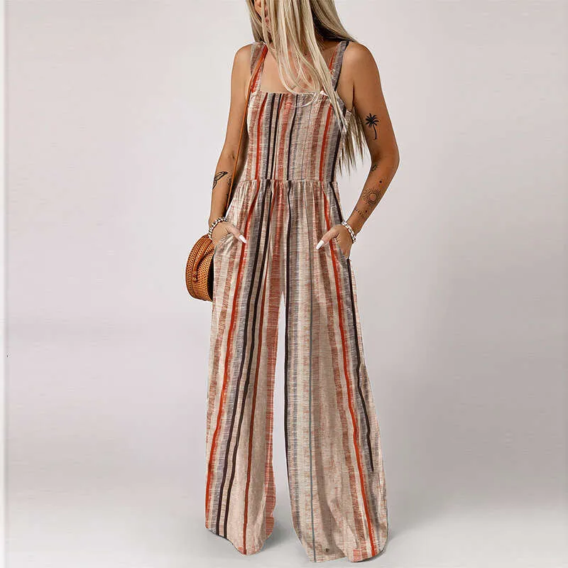 Gray Stripe Color Block Buttoned Sleeveless Wide Leg Jumpsuit main image 0