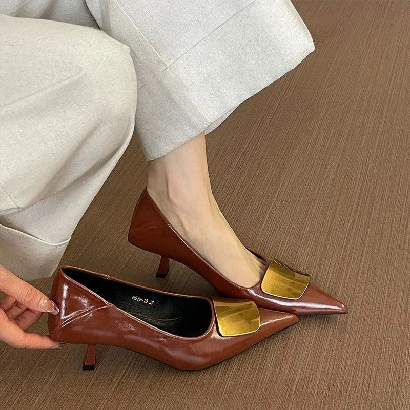Spring Autumn Silvery Women Office Pumps Ladies Metal Decoration Slip On Party Dress Female Low Heel Shoes 250516_voghion.com