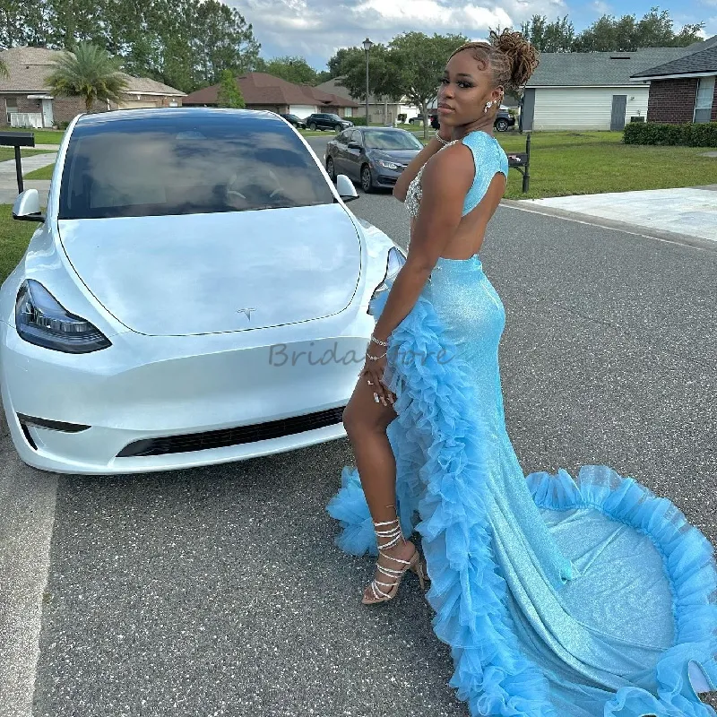 Blue High Slit Mermaid Blue Prom Dresses 2023 With Ruffles And Crystal Embellishments Perfect For Aso Ebi, Evening Events, And Formal Occasions Glamorous Design For Girls Fifteen Birthday And Bespoke Occasion Luxury Blue High Slit Mermaid Blue Prom Dresses 2023 With Ruffles And Crystal Embellishments Perfect For Aso Ebi, Evening Events, And Formal Occasions Glamorous Design For Girls Fifteen Birthday And Bespoke Occasion Luxury
