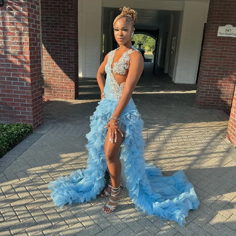 Blue High Slit Mermaid Blue Prom Dresses 2023 With Ruffles And Crystal  Embellishments Perfect For Aso Ebi, Evening Events, And Formal Occasions  Glamorous Design For Girls Fifteen Birthday And Bespoke Occasion Luxury