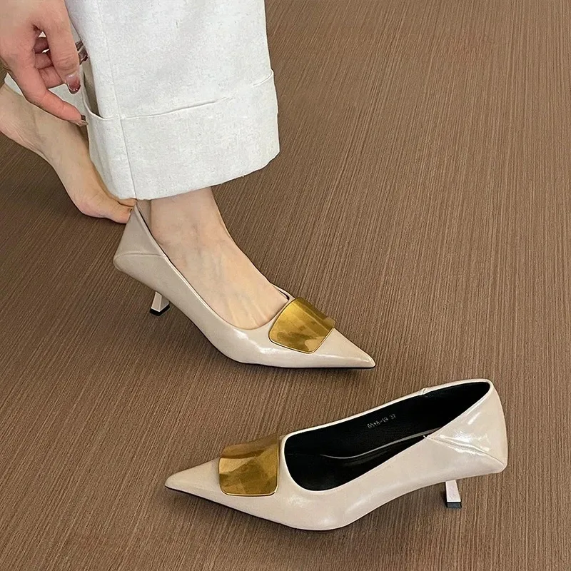 Spring Autumn Silvery Women Office Pumps Ladies Metal Decoration Slip On Party Dress Female Low Heel Shoes 250516_voghion.com