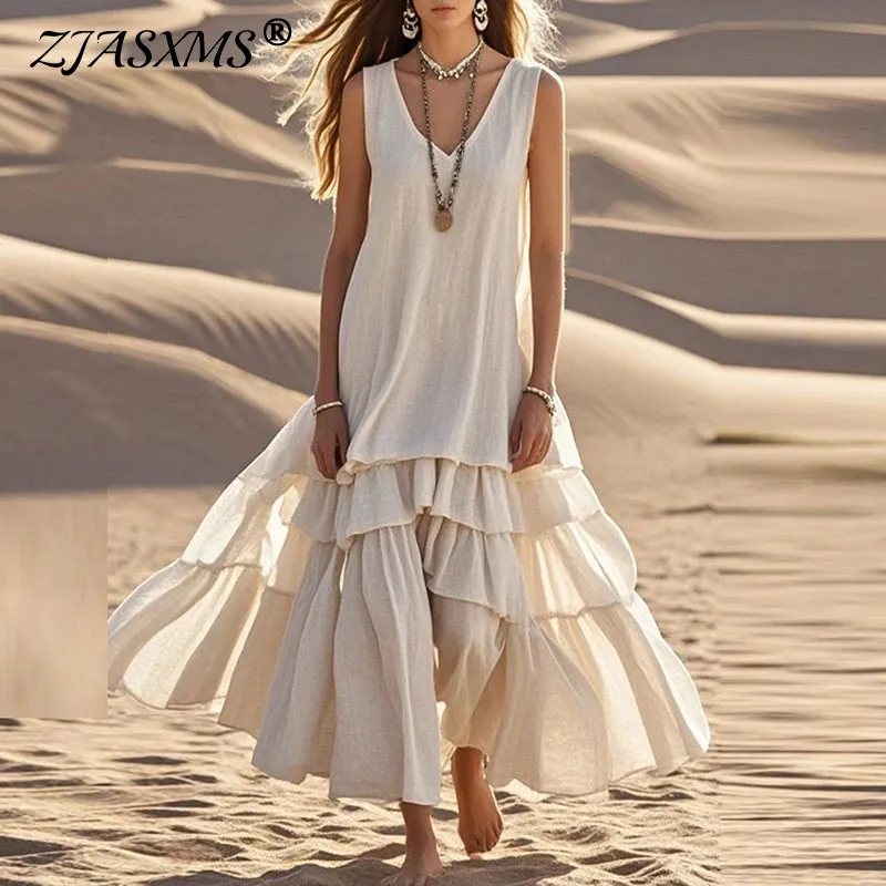 Boho Beach Maxi White Flowy Dress - Retro Solid Cotton Linen Pleated V-Neck Max for Women's Spring and Summer Fashion (250702)