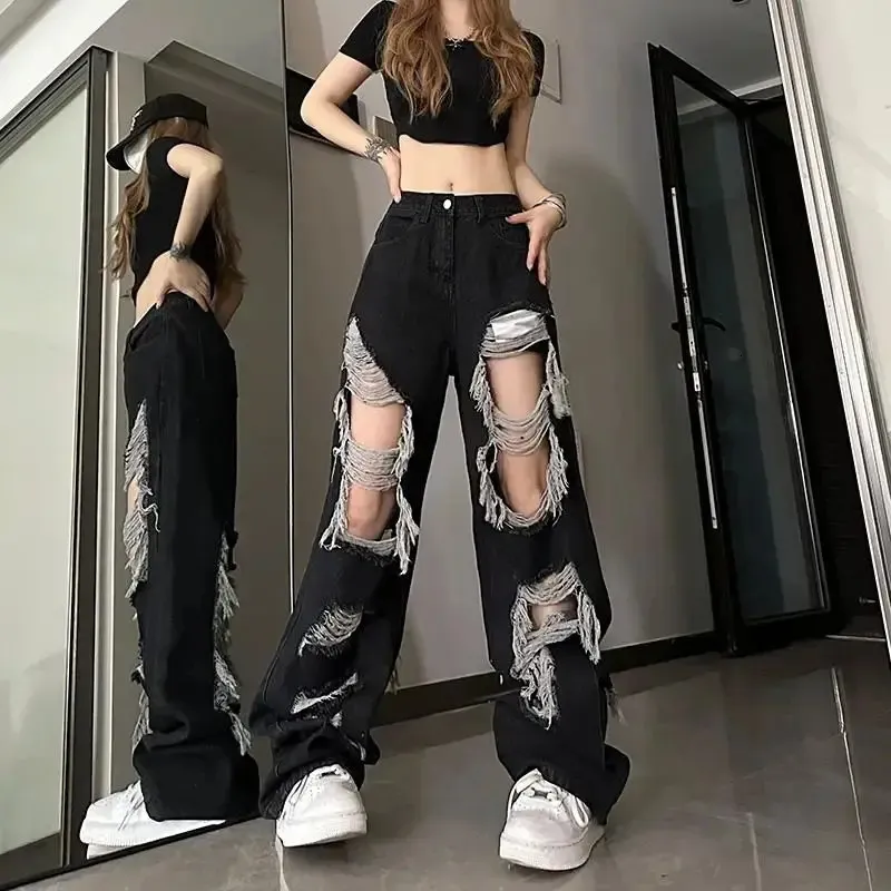 Y2k Front Rear Broken Hole Jeans All Match Distressed From