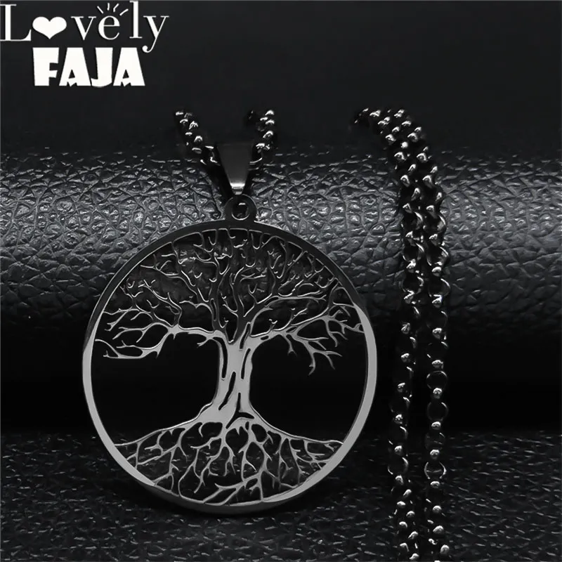 N834S03 Tree Of Life Stainless Steel Necklace For Men Black Long ...