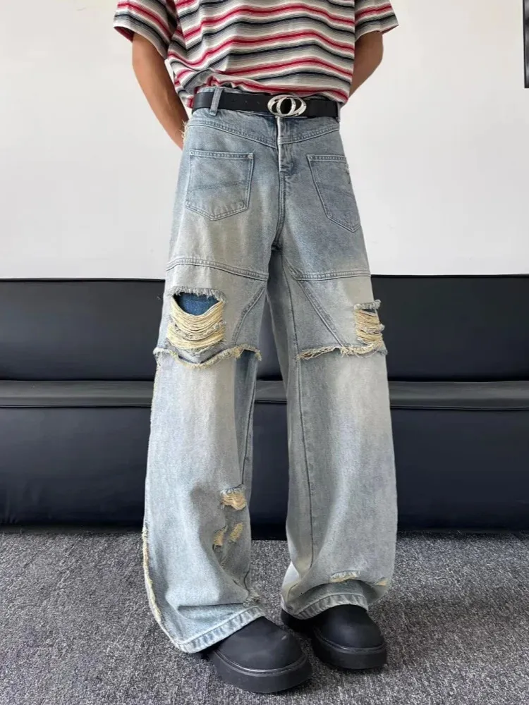 Ropa Y2K Grunge Washed Blue Baggy Stacked Ripped Jeans Pants