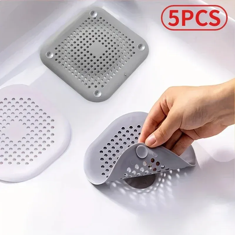 5-Pack Silicone Drain Covers – Universal Sink, Shower & Bathtub Hair Strainer, Food Catcher With Suction Base, Easy Clean