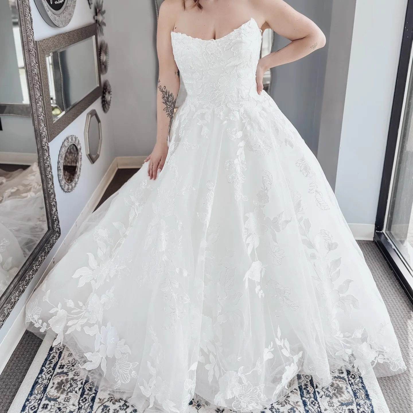 midi fit and flare sleeveless black triangle neck cocktail dress Beige Strapless Bustier Floral Embroidered Mermaid Gown main image 1