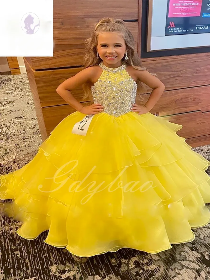 Yellow Flower Girl Dress For Wedding Tulle Puffy Beaded Sleeveless