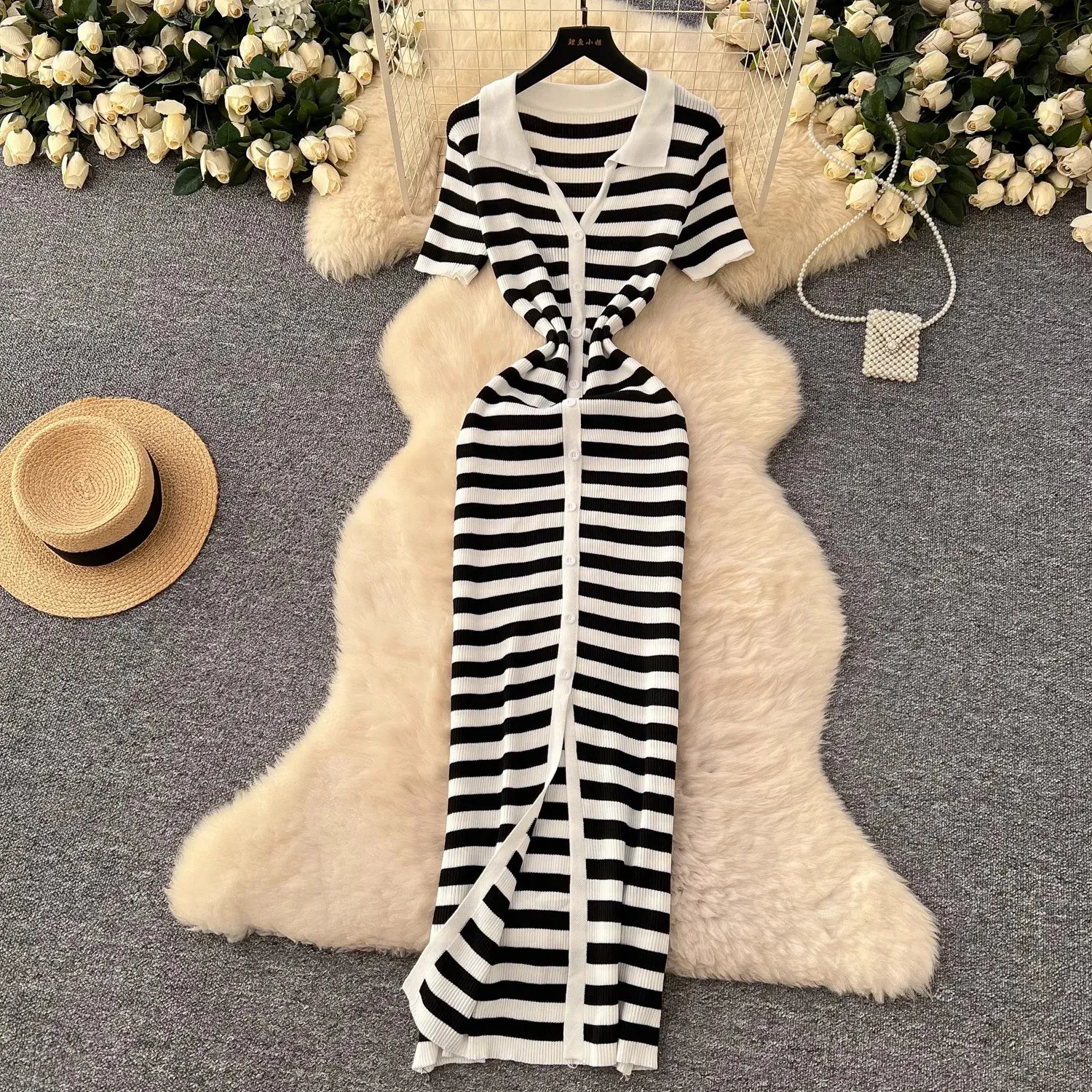 Knitted Maxi Dress Floor-Length Wrap Hips Short Sleeve Synthetic Fiber  Summer Women
