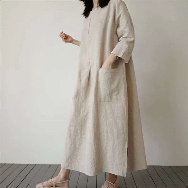 REALEFT Women's Cotton and Linen Loose Long Linen Dress Women with Pockets - High Waist, O-Neck, Casual Straight Style for Summer (2024)
