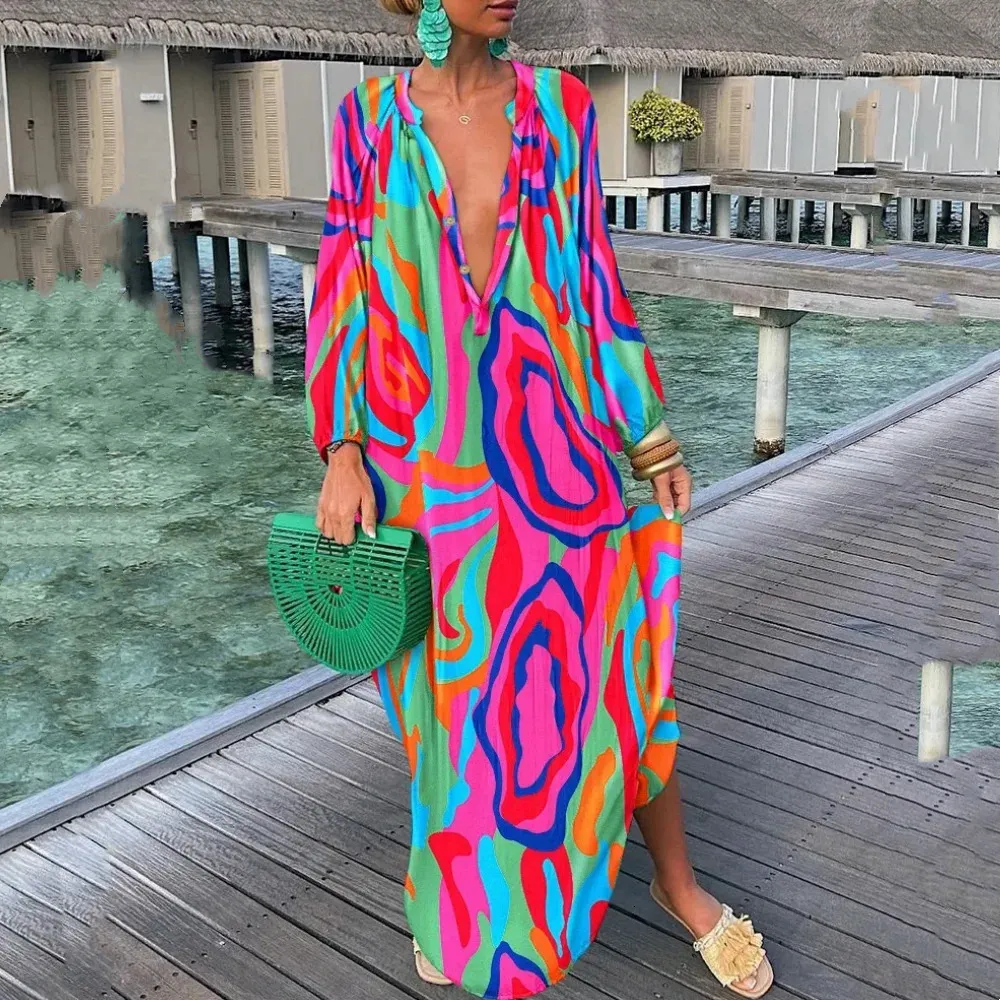 casual bohemian maxi dresses Womens Summer Floral Maxi Dress Casual Boho V Neck Ruffle Short Sleeve Beach Long Dresses