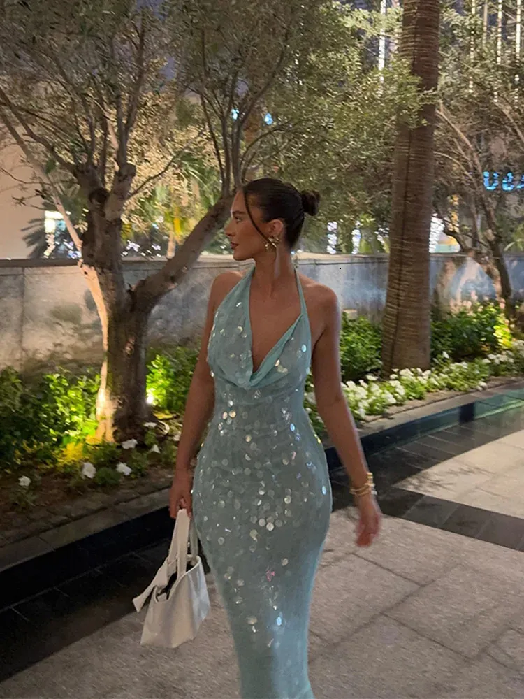 Elegant Sequin Halter Dress Women Floor Length... From Kong02, $45.09
