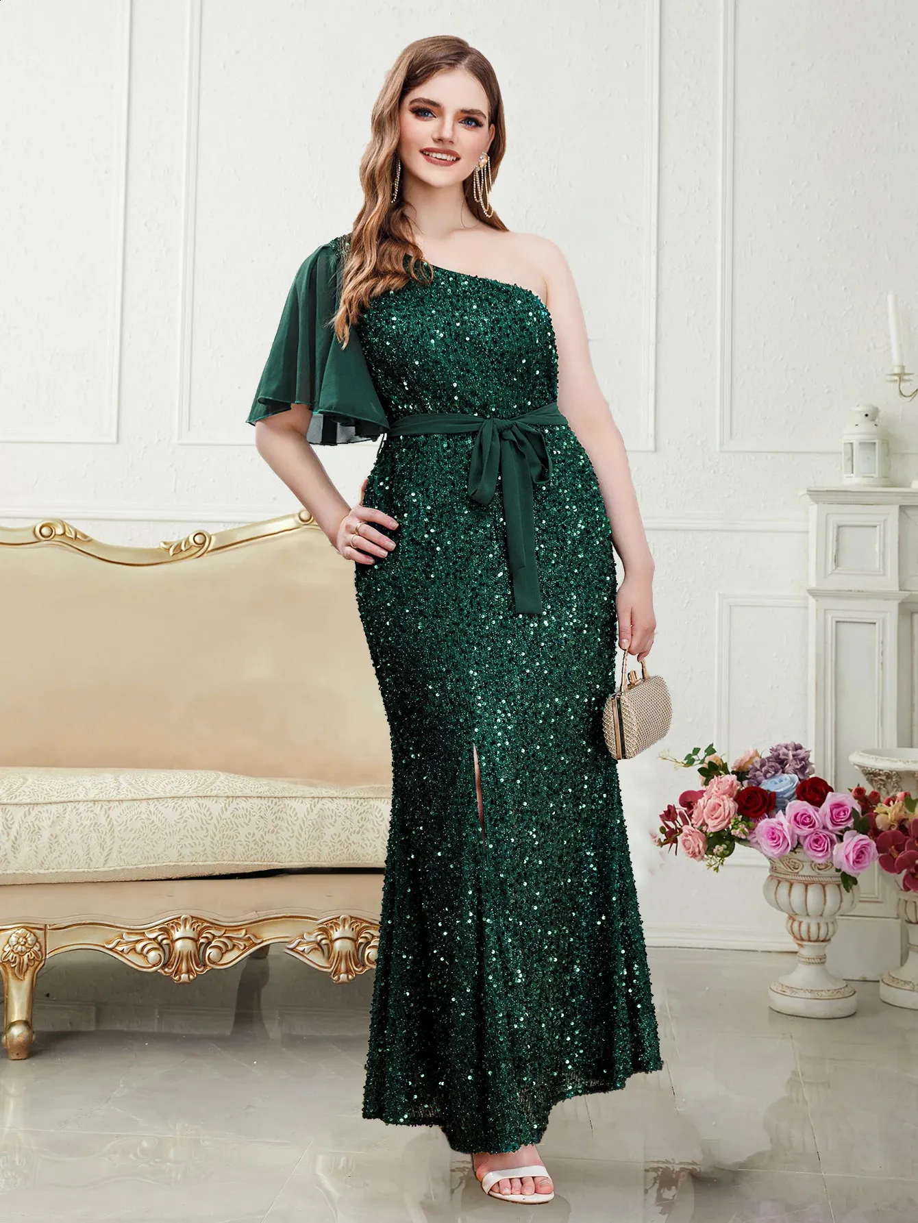 Plus Size Elegant One Shoulder Green Long Sequin Evening Dress New Women Party Dress Wedding Wear