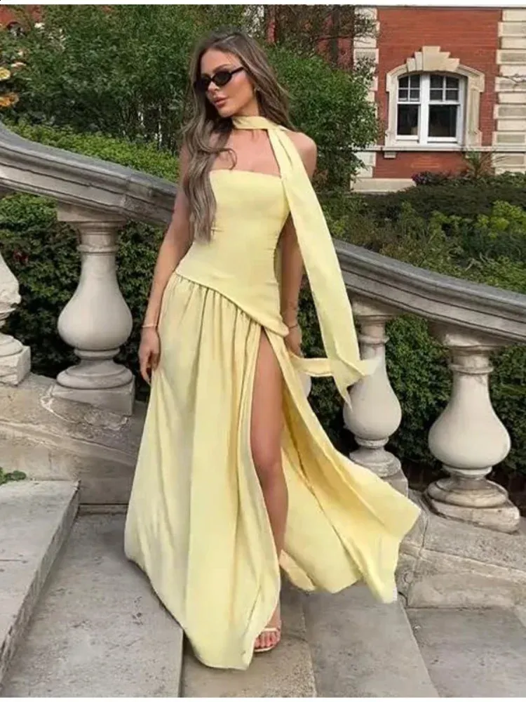 Save Big on Bulk Yellow Backless Long Dress Butter Yellow Pleated Scarf  Collar Long Dress Women Tie Back Spliced Backless Split Party Dresses  Summer