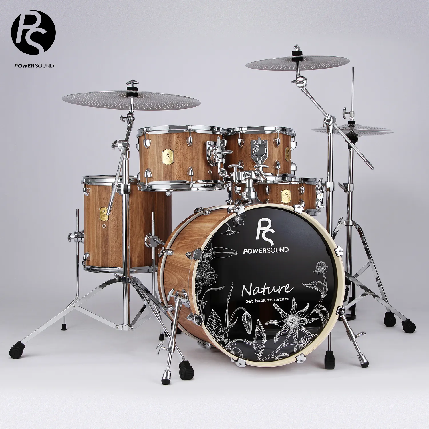 Wooden Shell Instrument Professional 5-Piece Acoustic Drum Set - Natural Wood Shells, Ideal ...