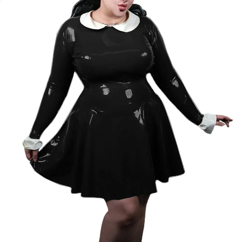 Shiny PVC Leather Plus Size Mini Plus Size red dress with Long Sleeves, Wetlook Peter Pan Collar, High Waist, and Large Swing Design - Perfect Women's