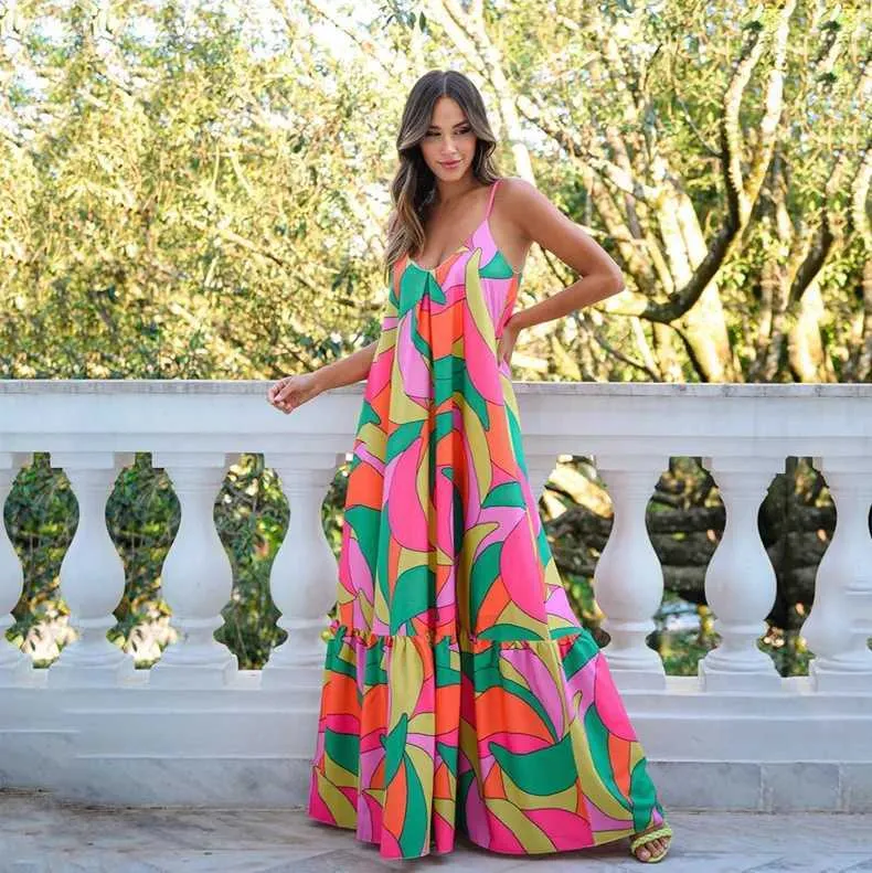 ROSCHICO Plus Size Floral Sundress - Spaghetti Strap Boho Dress With Tie Back & Waist Tie, Flowy 100% Polyester