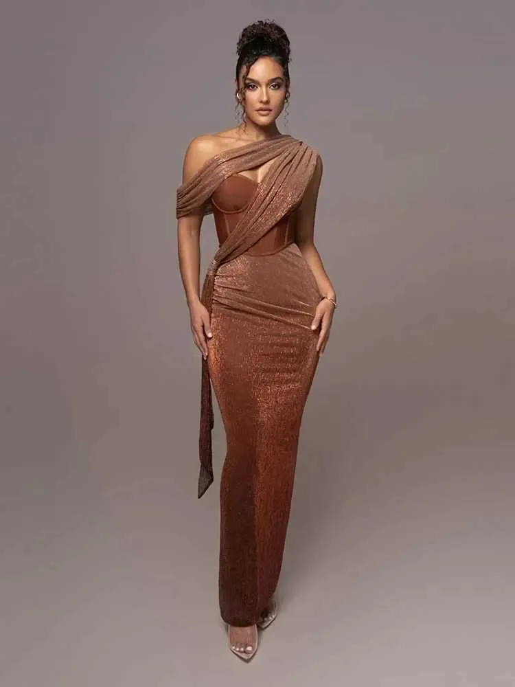 One Shoulder Glitter Dress Draped Corset Bodycon Maxi | DHgate