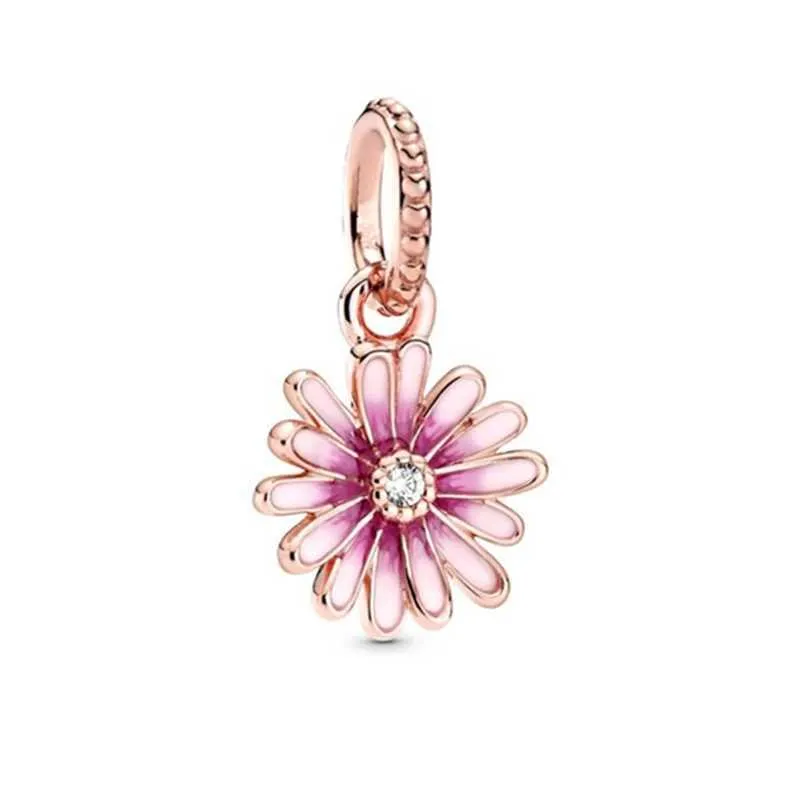 Dangle Daisy Flower Charm Bead - Alloy & Rhinestone, Silver Plated, 4.5-5mm Hole For Bracelets & Necklaces