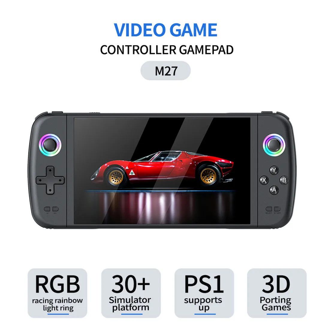 Console Rétro Portable M27 Avec 50 000 Jeux Et écran IPS 7 Pouces | Système EmuELEC, Batterie 3000 MAh, Joystick 3D Et Halo RGB