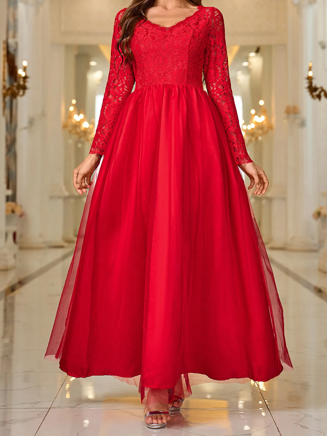 chinese dress ladies Celeste Cherry Red Double Layered Sculpting Mesh Maxi Dress – Scorpio Rizing main image 0