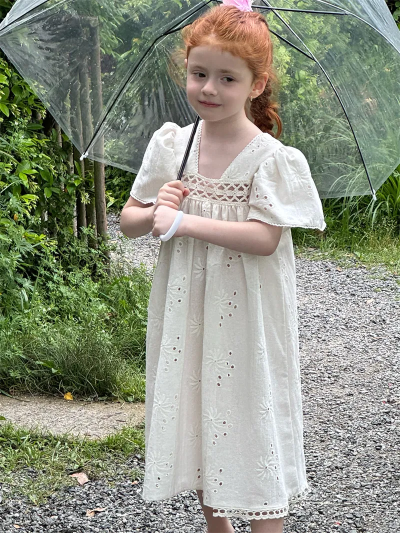 Sweet Girls lace hollow princess dress 2025 summer kids white embroidered  V-neck cotton blend holiday dress from Dhgate Girl's Dresses - price 21.11