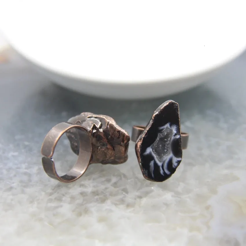 Natural Druzy Geode Adjustable RingsLace Rock Agates Drusy Quartz Antique Brass Style Rings Jewelry Gift For Women_voghion.com