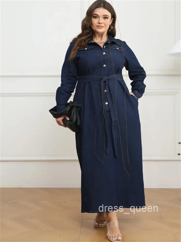 Stylish Plus Size Denim Maxi Plus Size Denim Dress for Women - Button Closure, Solid Long Design, Perfect for Fall and Winter