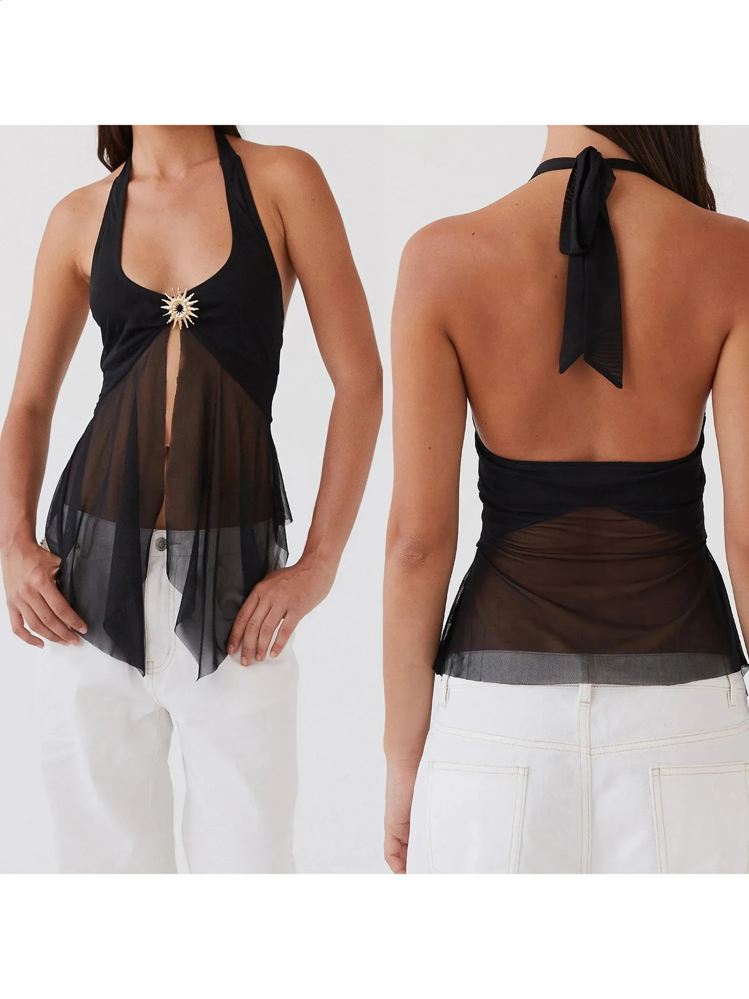 トップス LOWCLASSIC Sheer Halter Layered Camisole Lace Halter Top, Vintage Style, Sleeveless, Open Back | DHgate