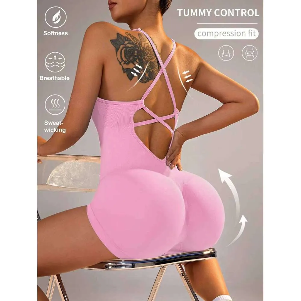 DHEssentials Dance Sports Leotard Sportswear Gym Fitness Set Cross Backless Shorts One-piece Yoga Suit Women's Jumpsuit