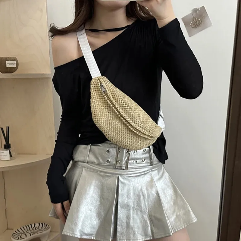 Strandmode: Gewebte Stroh-Umhängetasche, Brusttasche mit verstellbarem Gurt, Hüfttasche für Damen, ideal für den täglichen Gebrauch 250526_voghion.com