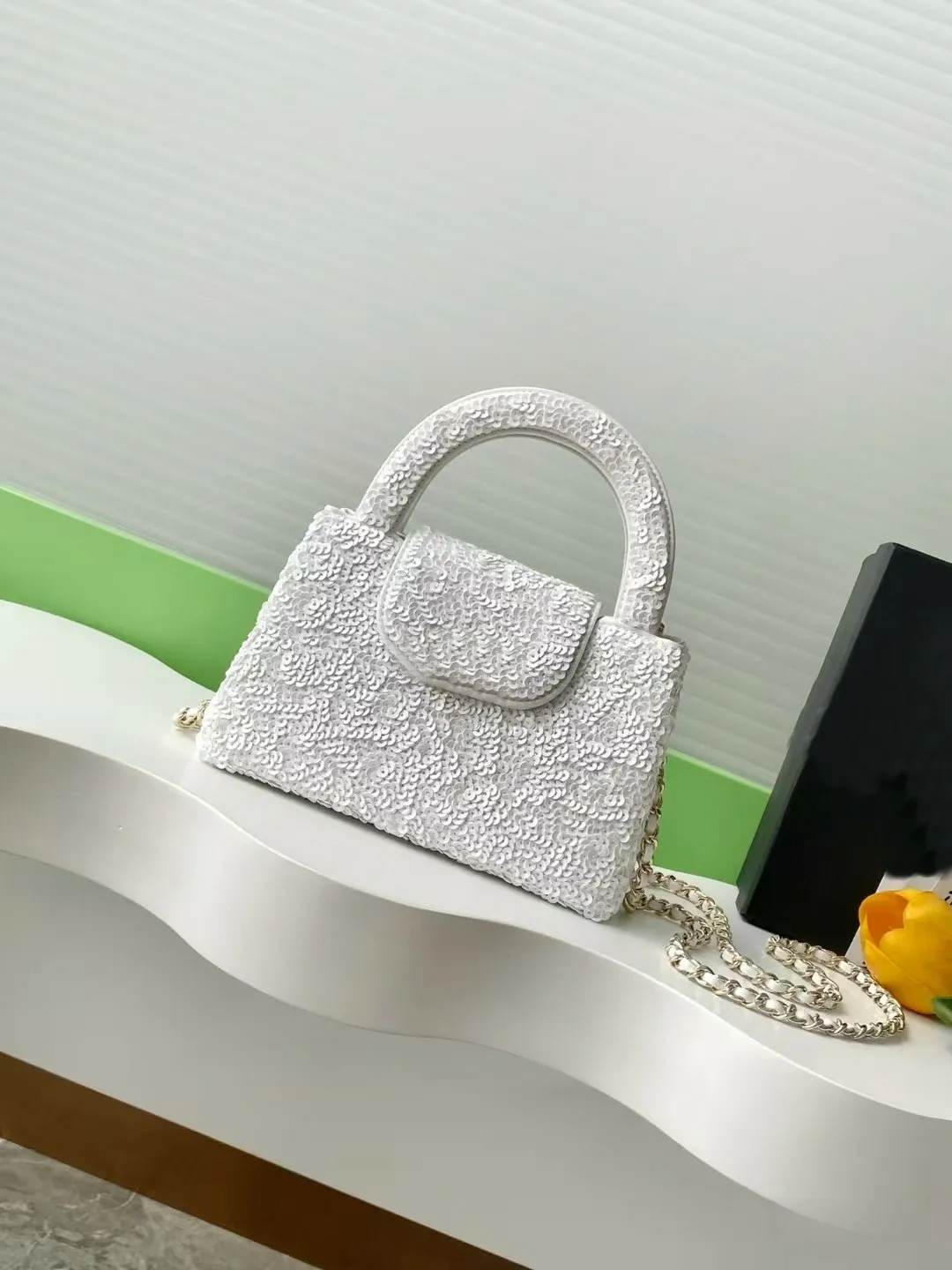 Luxury White Sequin Clutch: Designer Evening Bag with Calf Leather