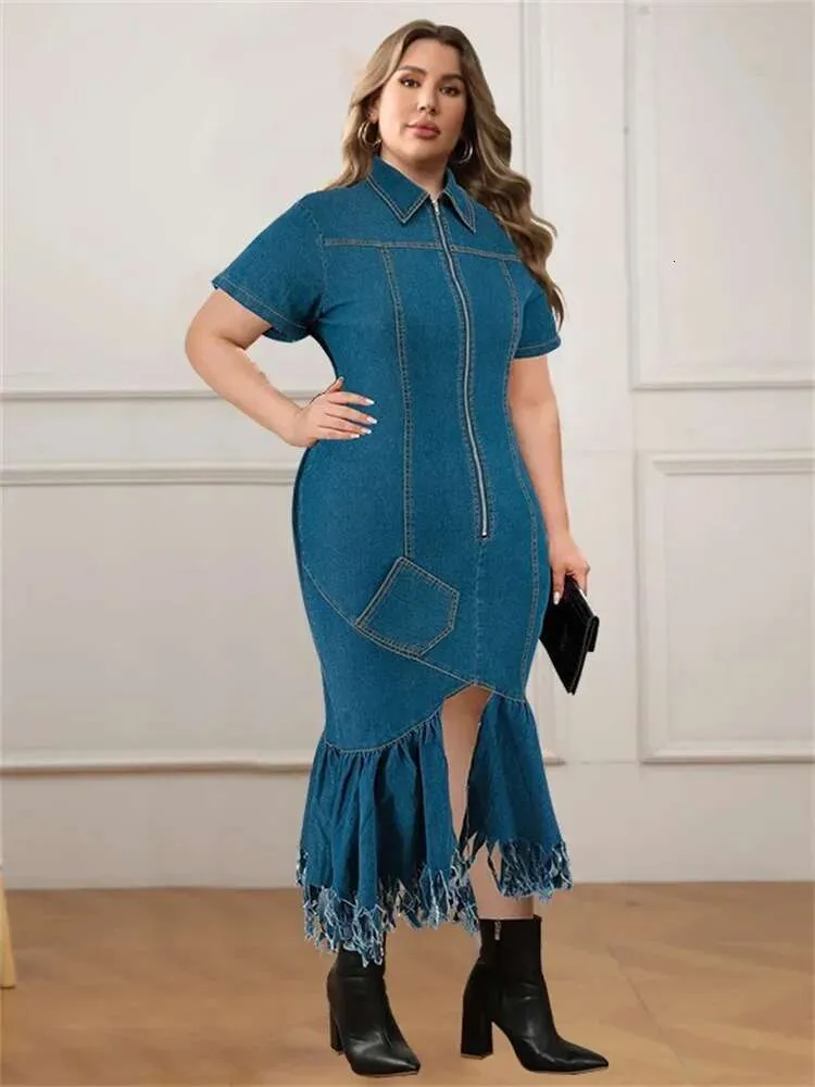 2025 Wholesale: Elegant Plus Size Denim Maxi Plus Size Denim Dress with Tassel Hem, Solid Zipper, and Fashionable Summer Style for Women