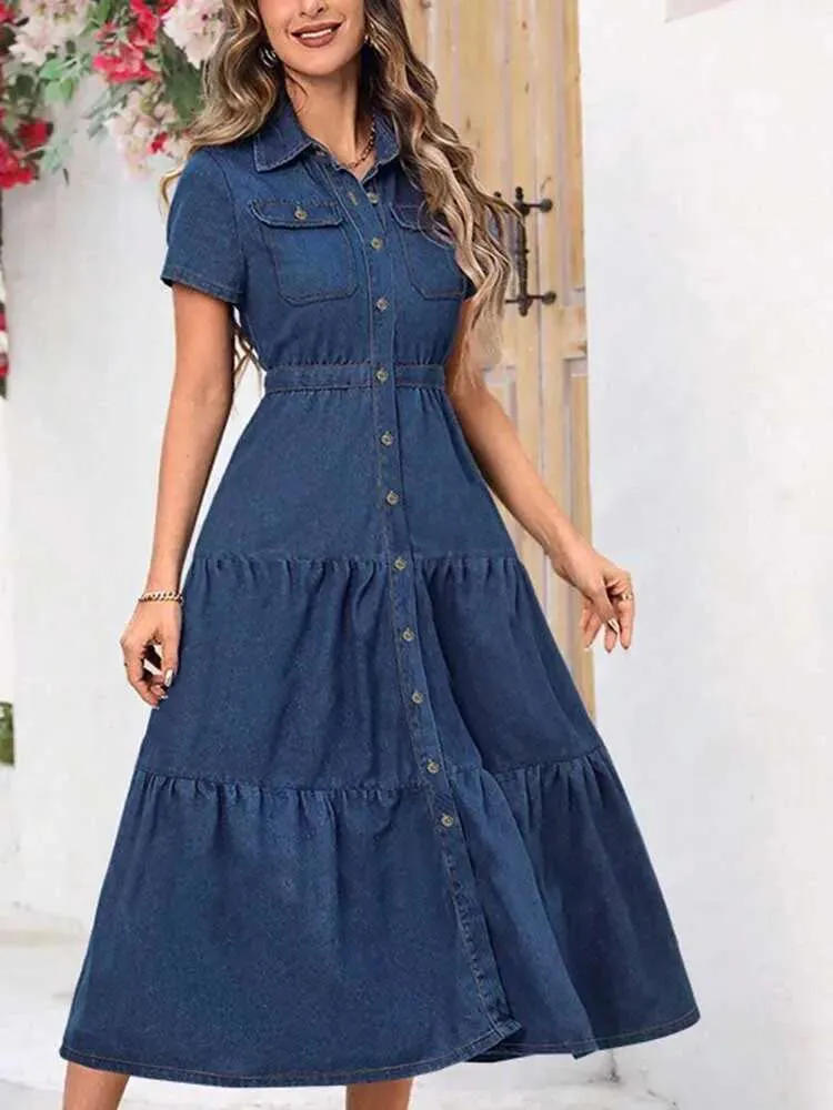 chinese dress ladies Curvy Savannah Blue Denim Dress – dear lizzie online boutique main image 1